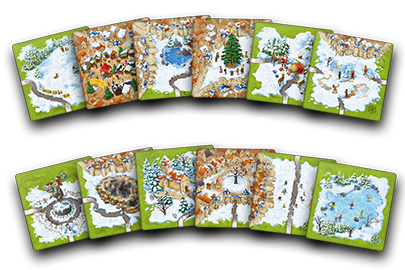 Carcassonne 4 Seasons winter expansion tiles showing snow-covered landscapes