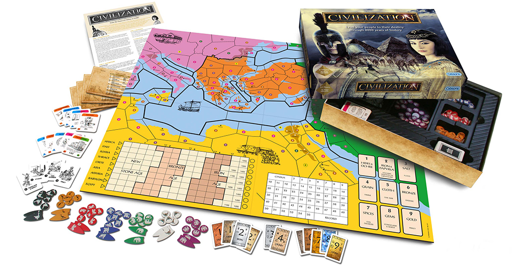 The 2018 Gibsons edition of Civilization laid out with board, cards, tokens and box