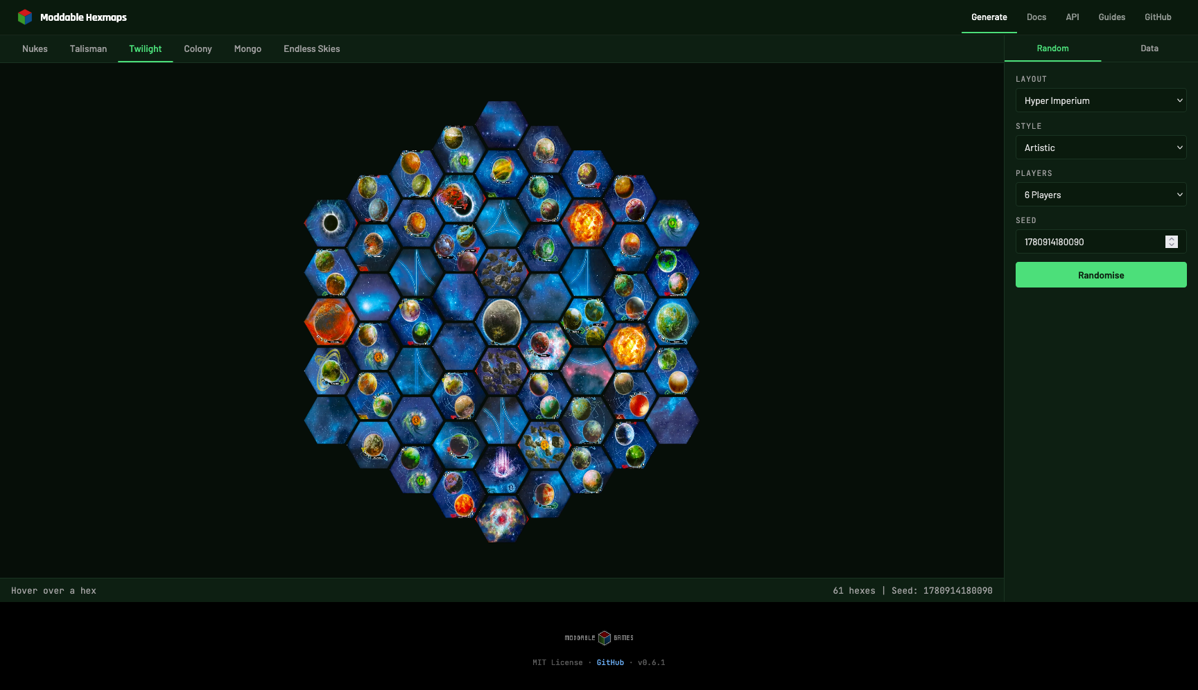 Hyper Imperium galaxy rendered in Moddable Hexmaps