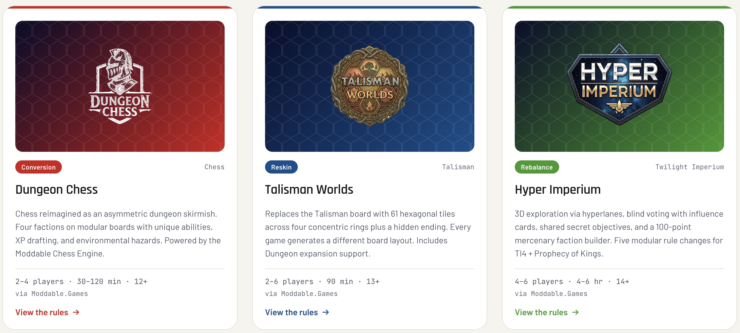 Three Moddable mods showing Conversion, Reskin, and Rebalance categories