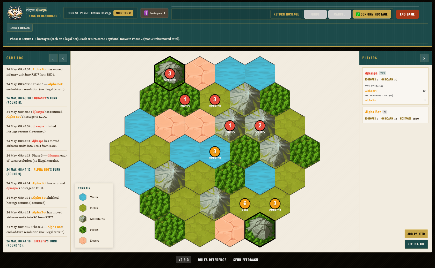Nukes online game interface showing hex board with units