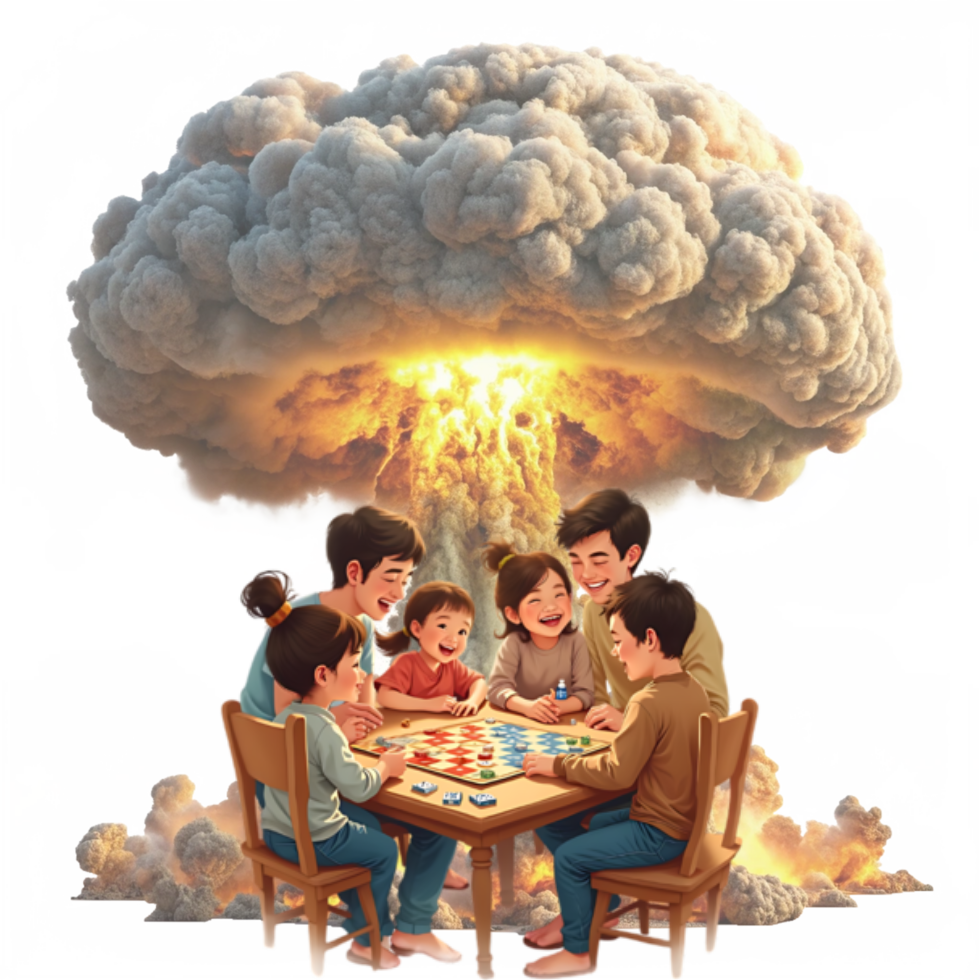 Family playing a board game with a mushroom cloud